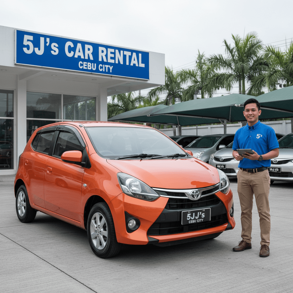 Wigo G orange hatchback at 5J's rental facility in Cebu City