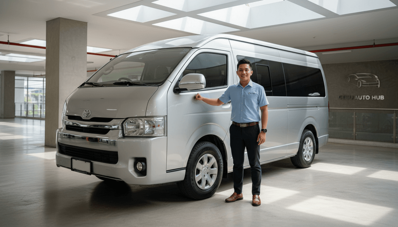 Professional driver standing confidently beside a silver Hi Ace rental vehicle at 5J's CAR RENTAL CEBU CITY