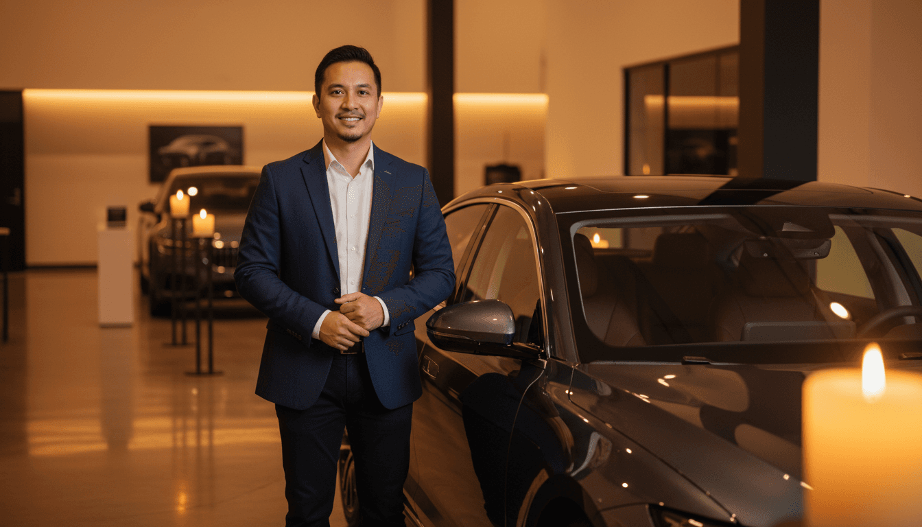 Blake Vincent, founder of 5J's CAR RENTAL CEBU CITY, standing confidently next to one of our rental vehicles in the showroom