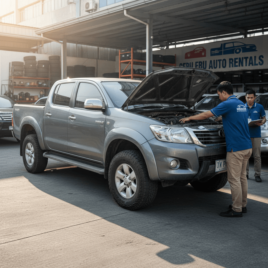 Hilux G pickup truck in grey being inspected at rental facility